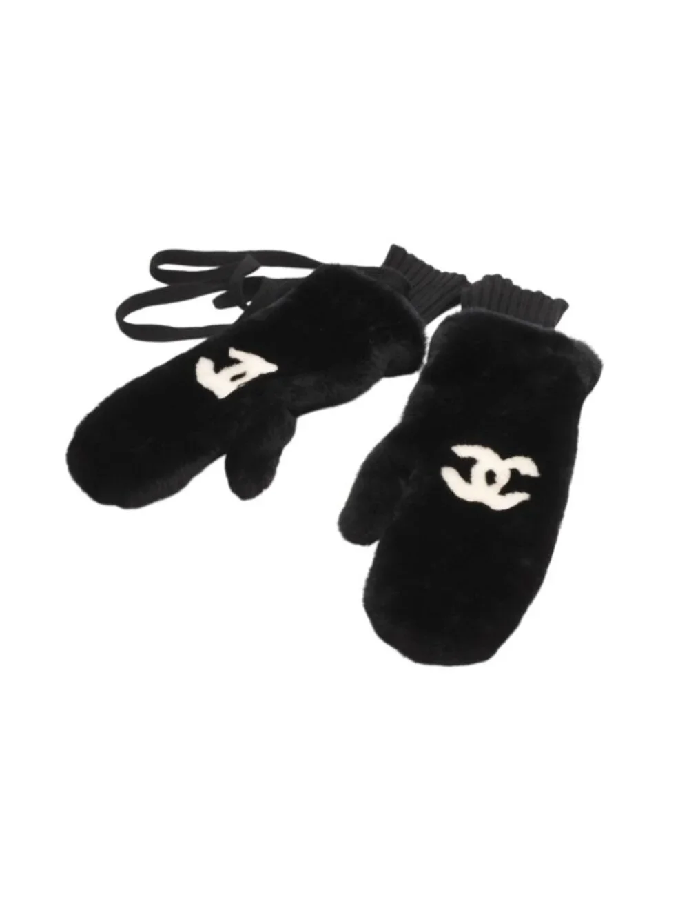 Chanel CC Logo Rabbit Mittens Gloves Black White Fur Lambskin